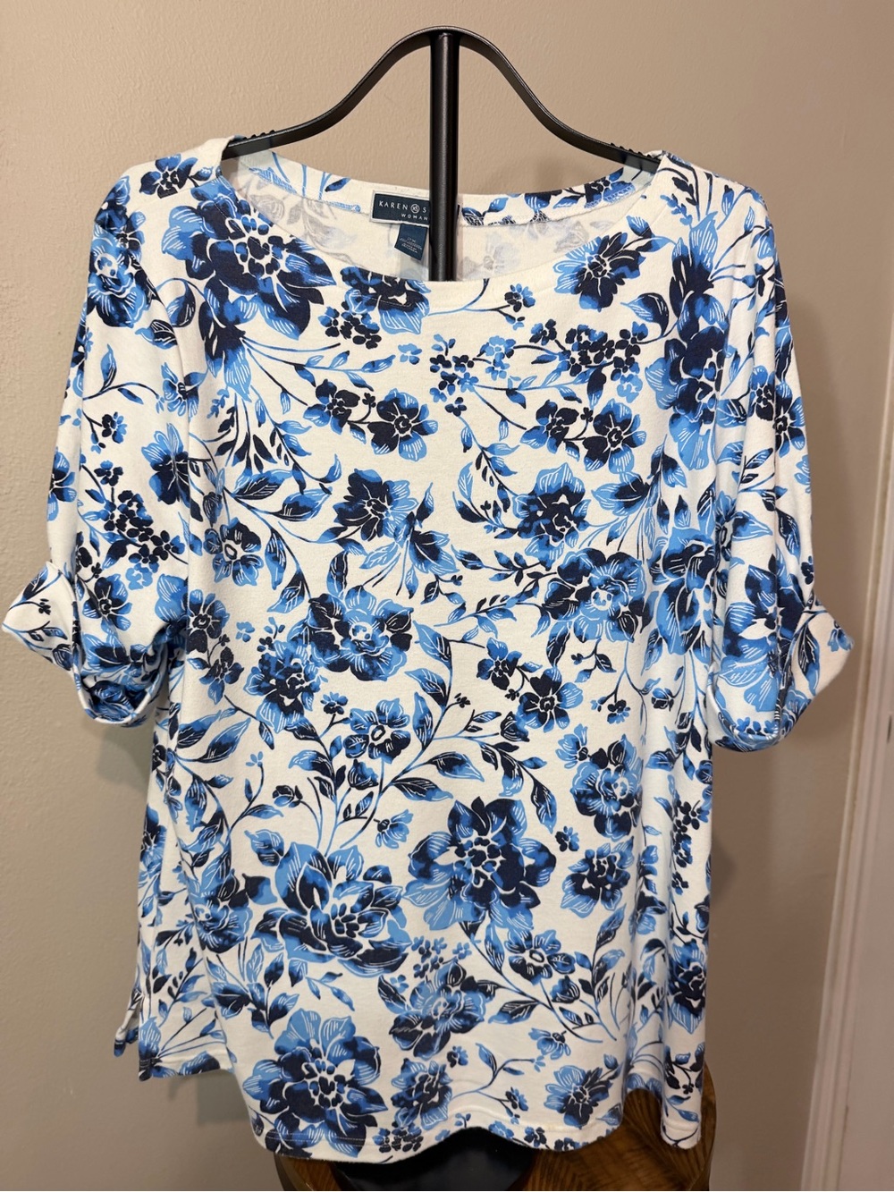 Karen Scott Women's Plus 2XL White Blue Floral Scoop Neck Short Sleeve Top